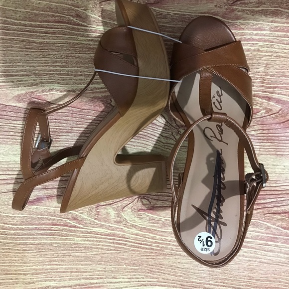 American Rag Cie Women Brown Open Toe Platform Faux Wooden Heels 9.5~ - Picture 2 of 4